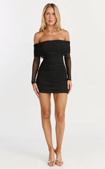 Clyde Mini Dress - Mesh Off Shoulder Ruched Bodycon Dress in Black