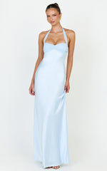 Flynn Maxi Dress - Satin Halter Sweetheart Neck Dress in Blue