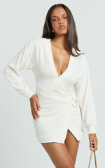 Tarah Mini Dress - Wrap Front Twist Trim Knit Dress in Ivory