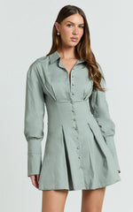 Yasmina Mini Dress - Button Front Long Sleeve Fit And Flare Dress in Sage