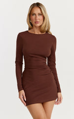 Brielle Mini Dress - Long Sleeve Ruched Bodycon Dress in Chocolate