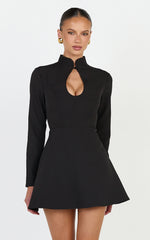Renee Mini Dress - Long Sleeve Keyhole Fit and Flare Dress in Black