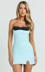 Adora Mini Dress - Strapless Bow Detail Split Dress in Blue & Black
