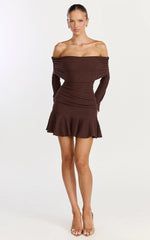 Maeve Mini Dress - Off Shoulder Long Sleeve Fit And Flare Mini Dress in Chocolate