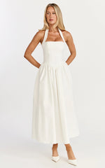 Helda Midi Dress - Halter Tie Neck Corset Panel Dress in Off White