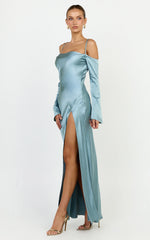 Isabella Maxi Dress - Off Shoulder Long Sleeve Satin Dress in Blue