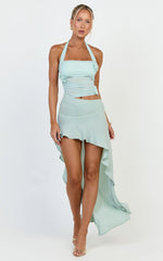 Ocean Maxi Dress - Halter Neck Floral Trim Ruffle Cutaway Skirt Dress in Mint