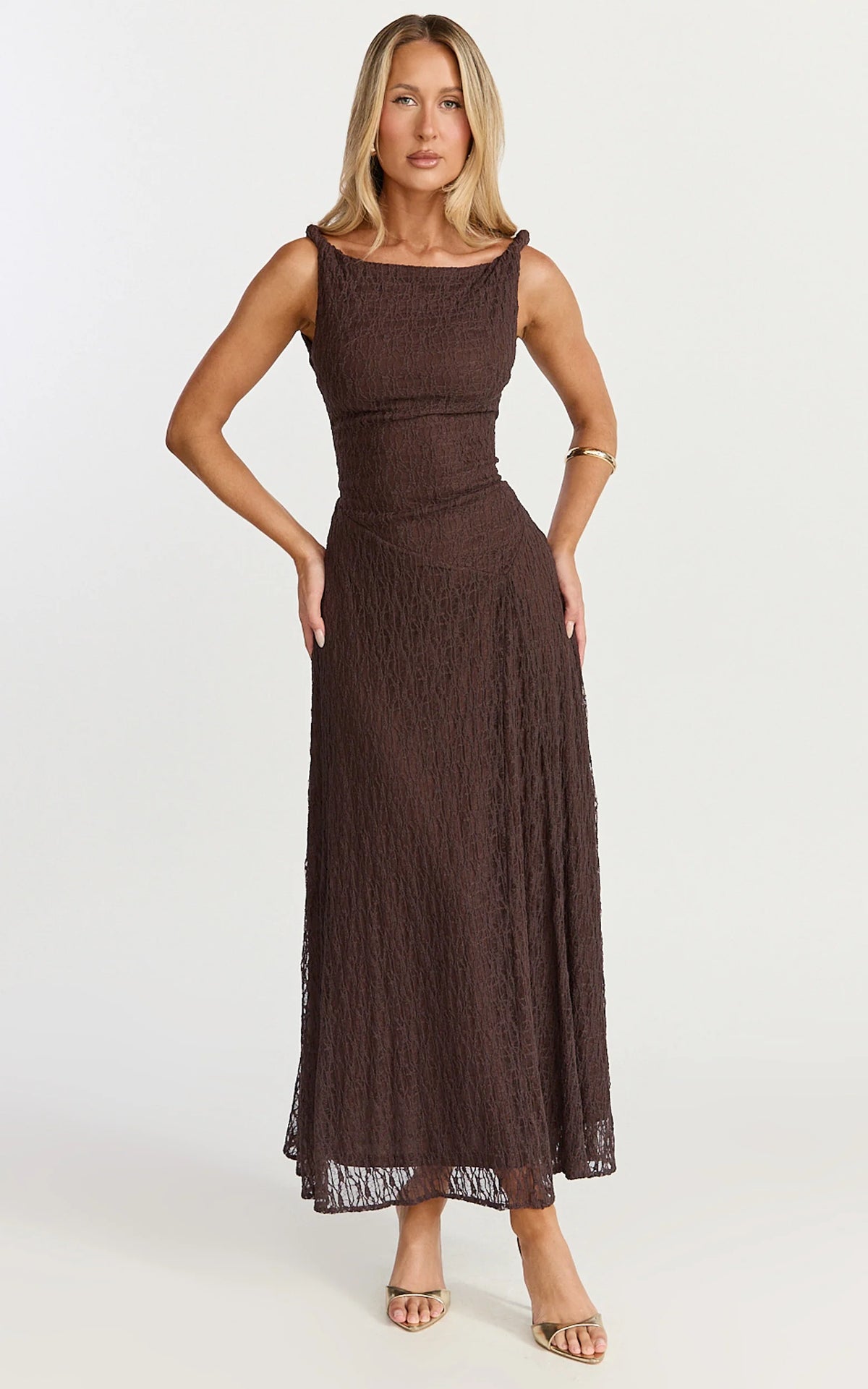 Abby Midi Dress - High Neck Asym Detail Dress in Chocolate