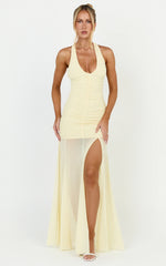 Kori Maxi Dress - Ruched Halterneck Mesh Dress With Racer Back in Lemon