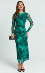 Zyra Midi Dress - High Neck Long Sleeve Mesh Dress in Green Blurred Print