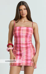 Maggie Mini Dress - Cherry Check Print Slip Dress in Cherry Check Print