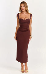Kenna Midi Dress - Gathered Bust Tucked Waist Dress in Chocolate