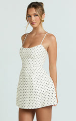 Carolina Mini Dress - Scoop Neck Panel Bodice Dress in White Polka Dot