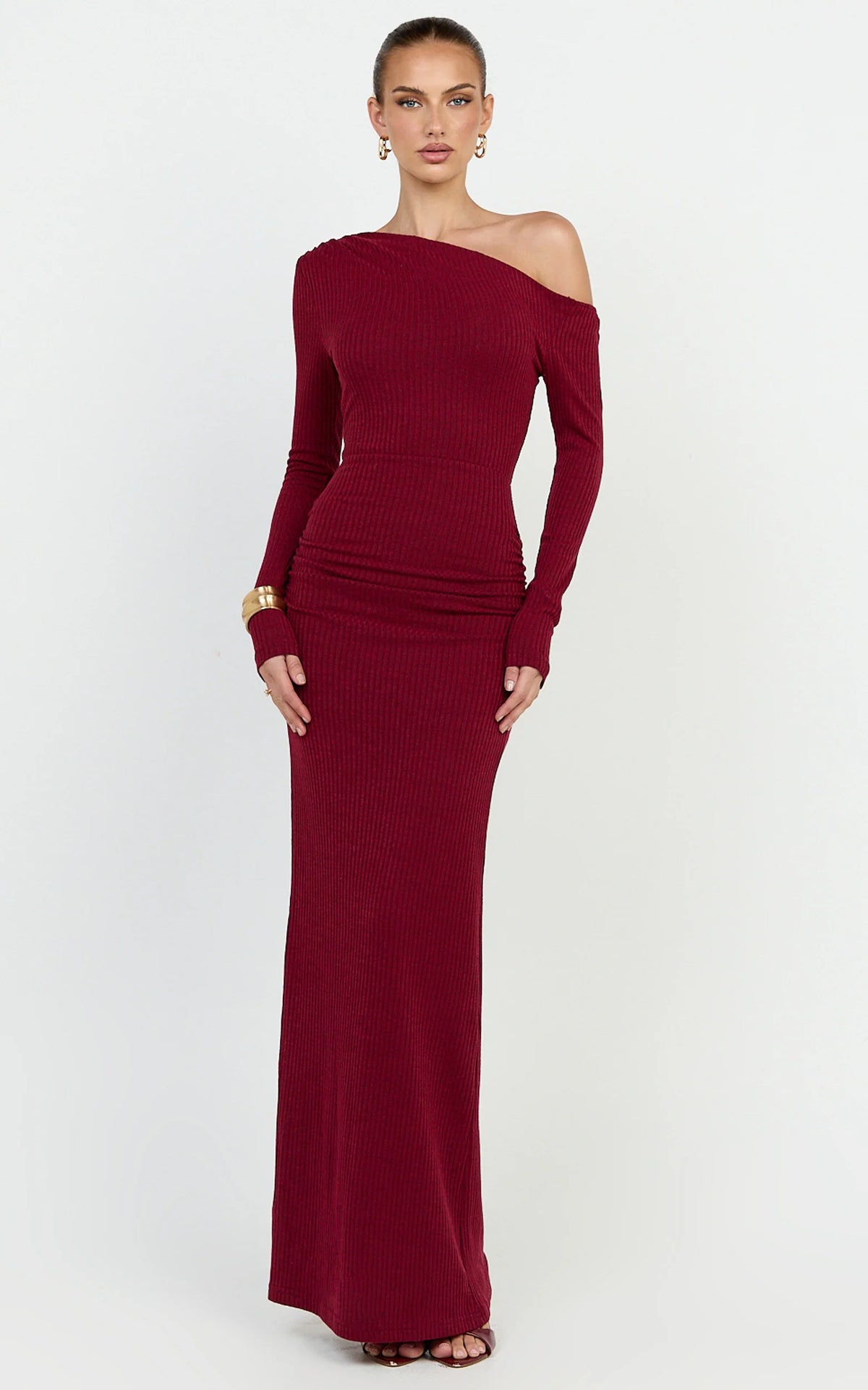 Faith Maxi Dress - Off Shoulder Long Sleeve Maxi Dress in Wine