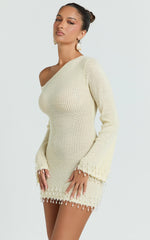 Izira Mini Dress - Knit One Shoulder Long Sleeve Pearl Bead Dress in Ivory