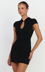 Briony Mini Dress - High Neck Front Key Hole Fitted Dress in Black