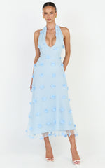 Azalea Midi Dress - Halter Neck 3D Floral Fit And Flare Dress in Blue