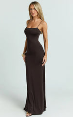 Edna Maxi Dress - Straight Neck A Line Maxi Dress in Choc