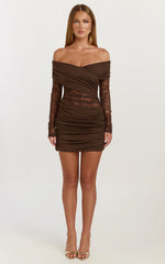 Juliet Mini Dress - Off Shoulder Lace Contrast Bodycon Dress in Choc
