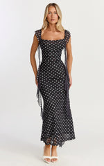 Rosha Midi Dress - Ruffle Strap Dress in Black Polkadot