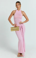 Berkley Maxi Dress - Knit Turtle Neck Tie Waist Dress in Pink