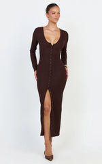Zayla Midi Dress - Long Sleeve Button Front Bodycon Dress in Chocolate