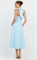 Karissa Midi Dress - Halter Neck Fitted Bodice Midi Soft A Line Skirt Dress in Pale Blue