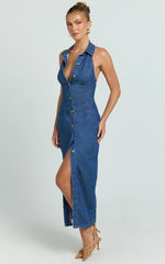 Olga Midi Dress - Denim Collared Button Down Bodycon Dress in Mid Blue Wash