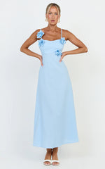 Ondine Midi Dress - 3D Flower Strappy Dress in Blue