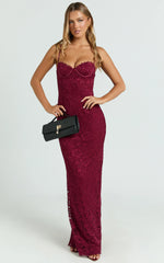 Carli Maxi Dress - Adjustable Strap Corset Bodycon Lace Dress in Wine