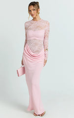 Crisanta Maxi Dress - Long Sleeve Contrast Lace Bodycon Dress in Pink