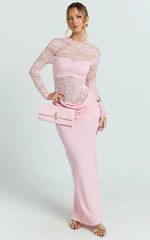 Crisanta Maxi Dress - Long Sleeve Contrast Lace Bodycon Dress in Pink