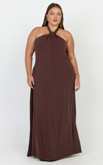 Hilda Maxi Dress - Knot Detail Halter Neck Maxi Dress in Chocolate