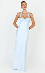 Flynn Maxi Dress - Satin Halter Sweetheart Neck Dress in Blue