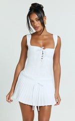 Fraida Mini Dress - Lace Front Dropped Waist Pleated Dress in White