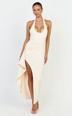 Lani Midi Dress - Scooped Neckline Draped Skirt Halter Dress in Cream