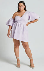 Sula Mini Dress - Asymmetric Off One Shoulder Puff Sleeve Dress in Lilac