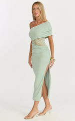 Juliet Midi Dress - One Shoulder Lace Contrast Bodycon Dress in Sage