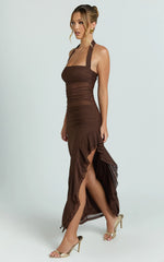 Almarie Midi Dress - Halter Neck Mesh Dress in Chocolate