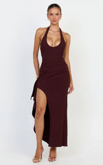 Lani Midi Dress - Scooped Neckline Draped Skirt Halter Dress in Dark Plum
