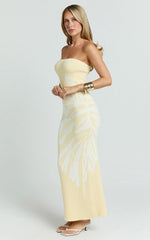 Rema Maxi Dress - Intarsia Floral Strapless Knitted Dress in Lemon