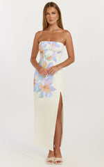 Astra Midi Dress - Strapless Split Leg Column Dress in Astra Posey Floral Print