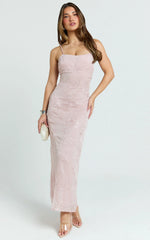 Elysia Midi Dress - Sequin Straight Neck Tie Back Dress in Pale Pink