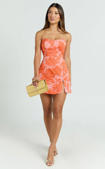 Brailey Mini Dress - Strapless Dress in Orange Jacquard