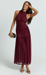 Metzie Midi Dress - High Neck Gathered Mesh Dress in Burgundy
