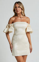 Shauna Mini Dress - Off Shoulder Rosette Detail A Line in Oyster