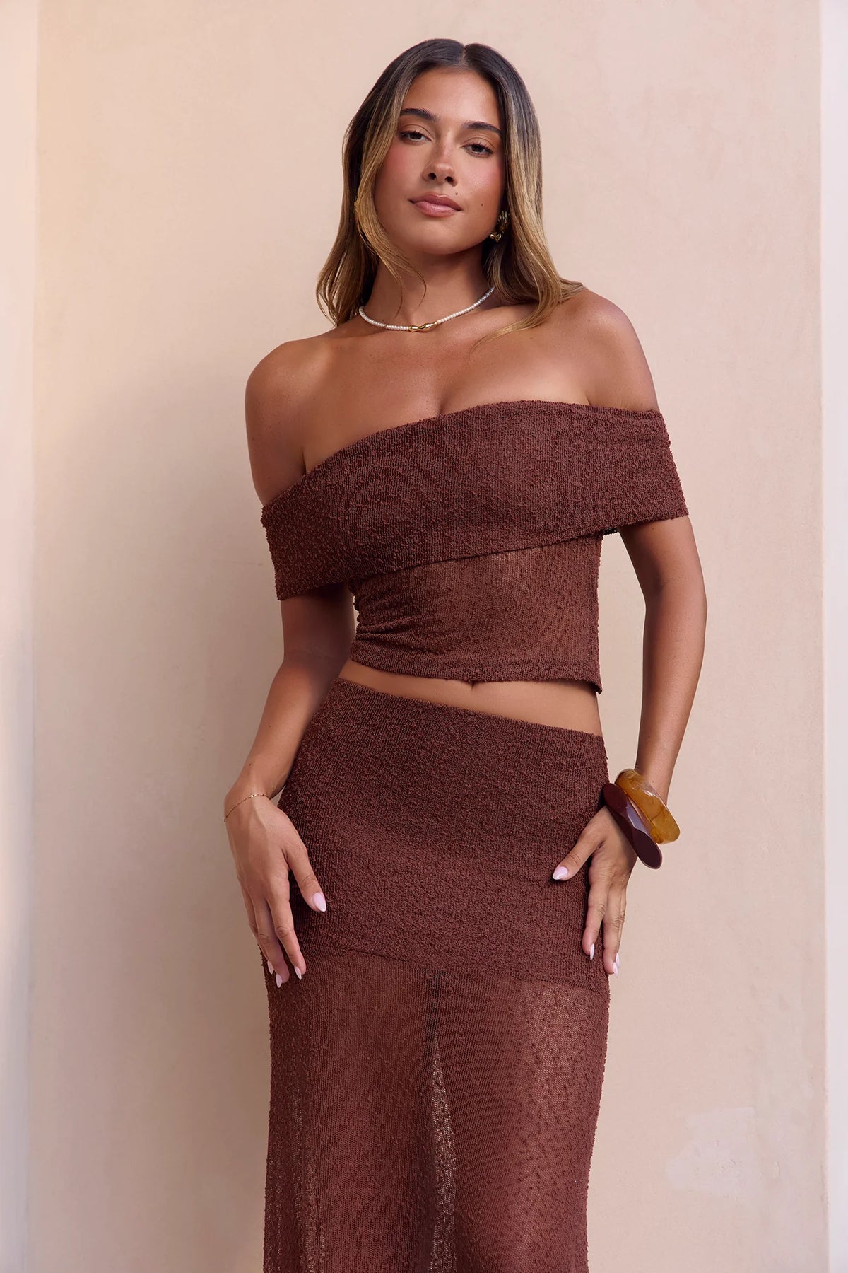 Take My Hand Off Shoulder Crop Top Brown