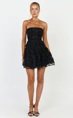 Marzy Mini Dress - Strapless Floral Detail Lace Fit and Flare Dress in Black