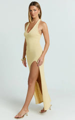 Solea Midi Dress - Knit Halter Neck Leg Split Embroidered Sequin Fitted Dress in Lemon