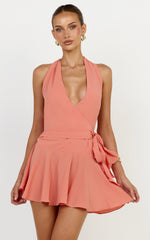 Cove Mini Dress - Halter Neck Backless Sash Detail Dress in Coral